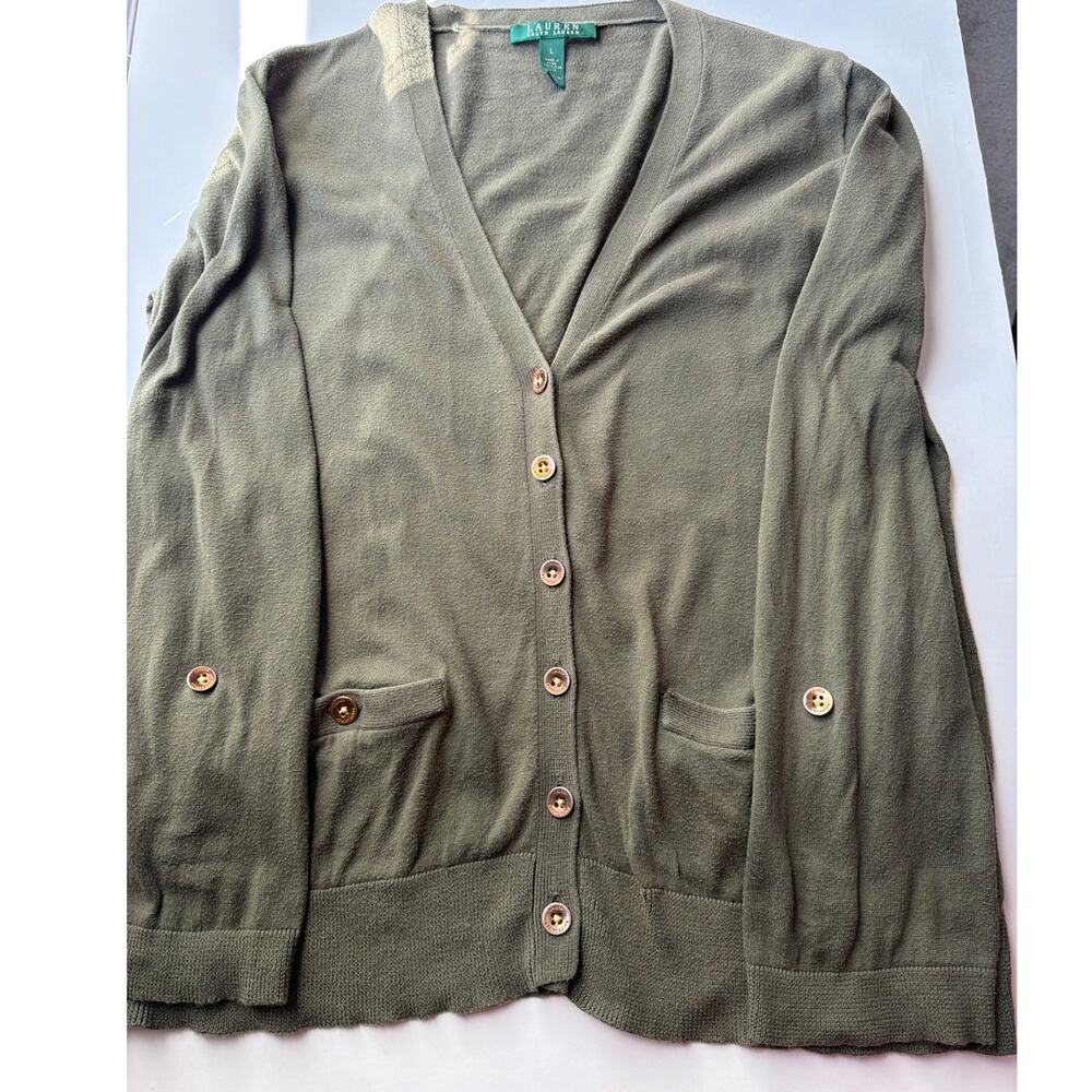 Laurel Ralph Lauren Olive green cotton V-neck cardigan Size L
